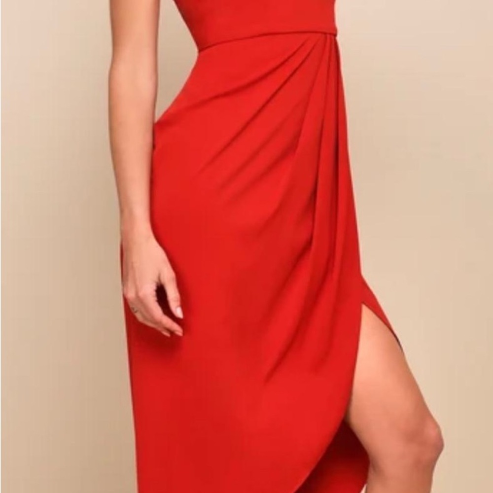 Lulu's Red Spaghetti Strap Wrap Midi Dress - Picture 2 of 3
